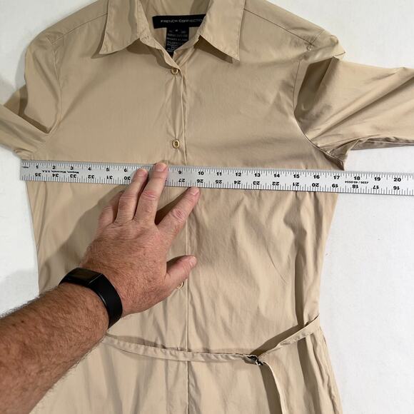 French Connection Mini Dress Woman's 2 Button Up Tan Collar Waist Tie Adjustable - Picture 8 of 16